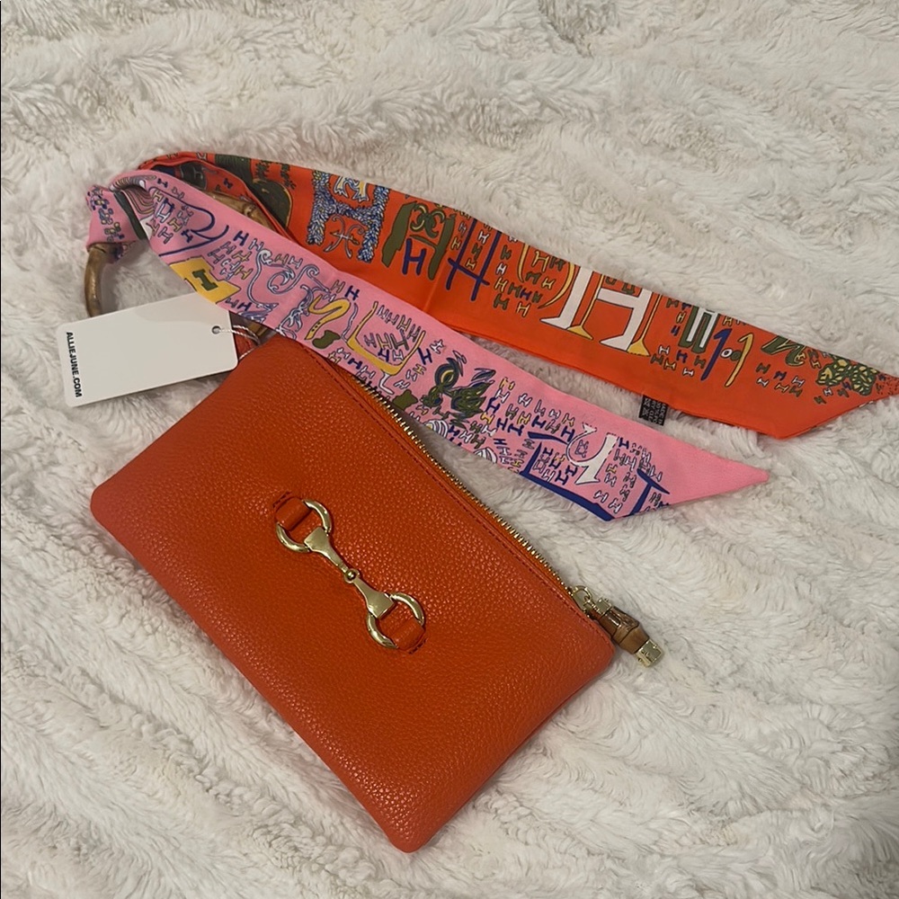 Orange Leather Clutch with Scarf Accent